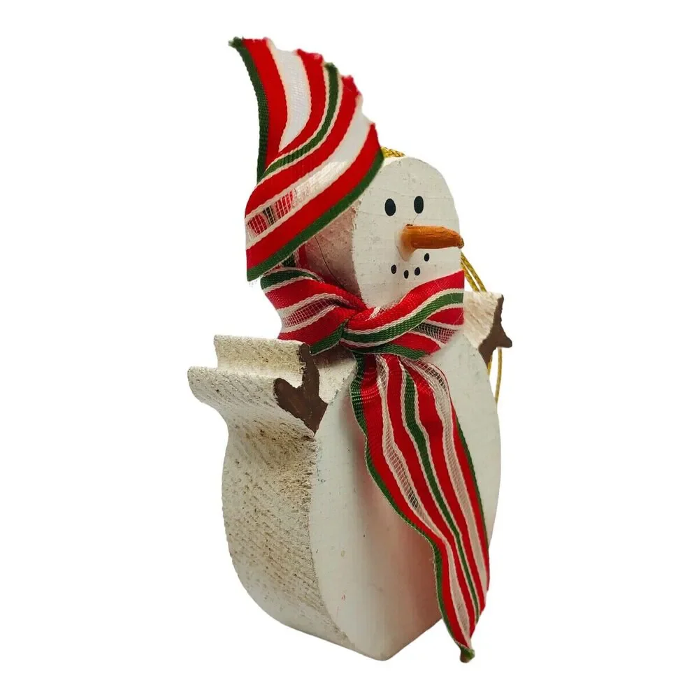 Country Wooden Block Snowman Christmas Tree Ornament Ribbon Scarf Red Green